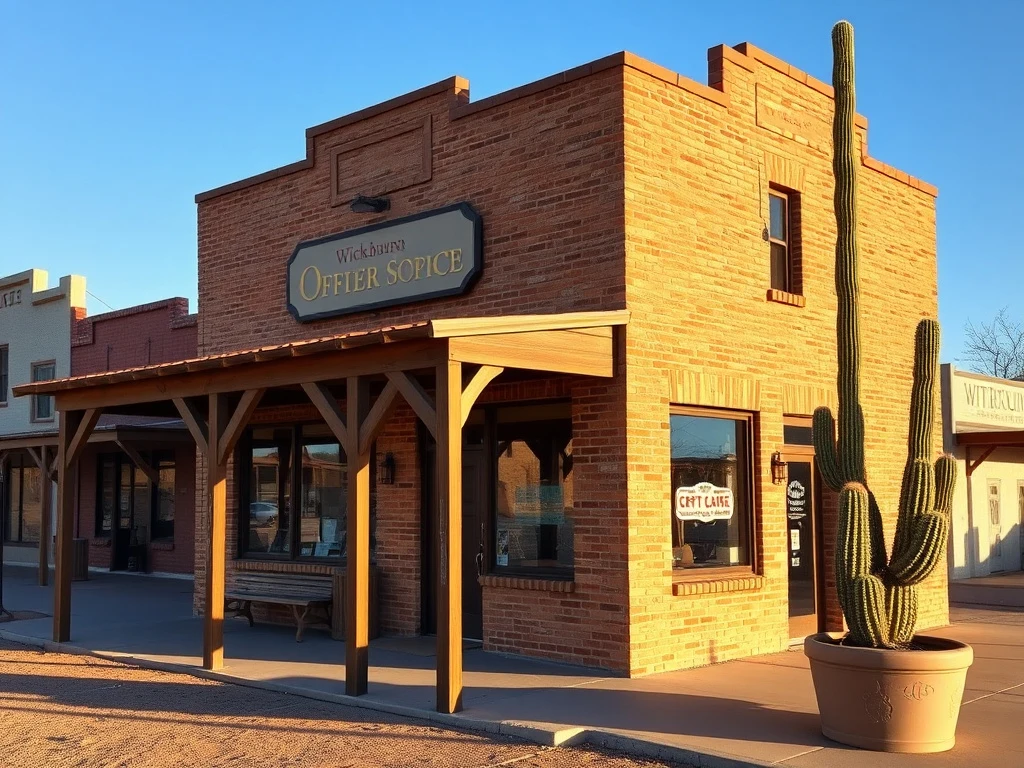 A small historic brick storefront office building in a Western desert town main street