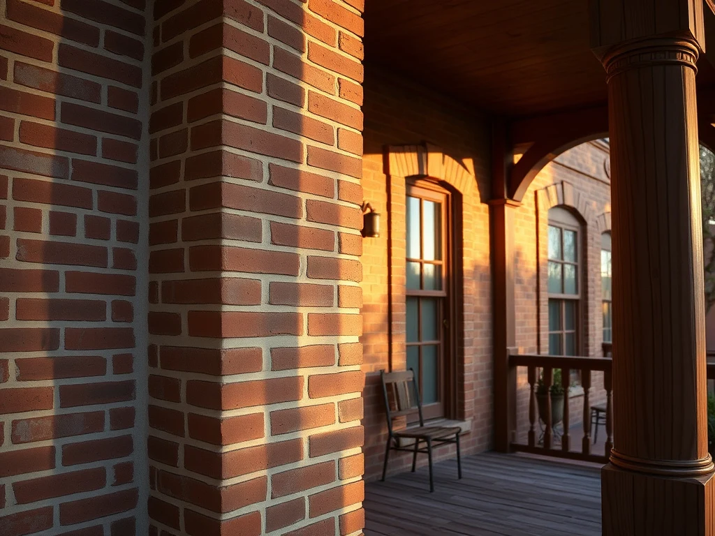 Restored historic brick detailing and a wooden porch column on a heritage home in Wickenburg, Arizona