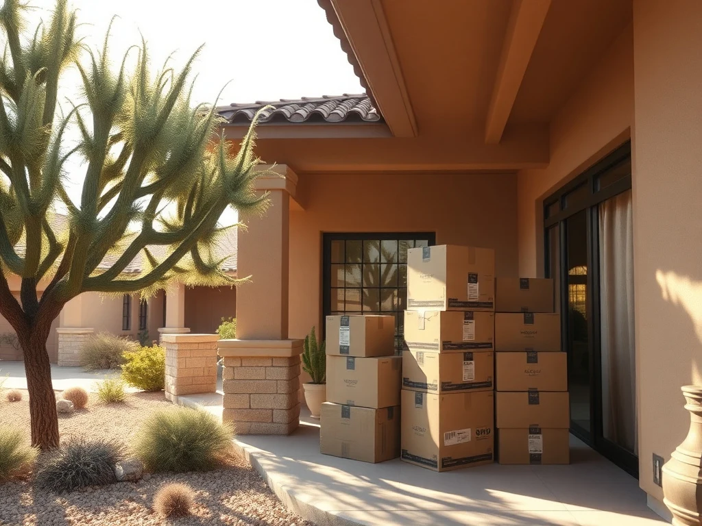 Moving boxes stacked on a covered porch of a desert-style home in Wickenburg, Arizona with a palo verde tree casting dappled shade