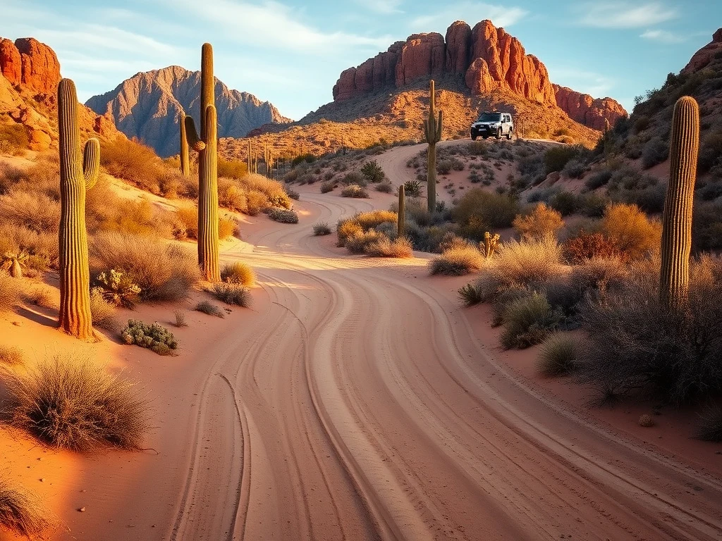 A dusty desert off-road trail near Wickenburg, Arizona winding between saguaro cacti and granite rock formations