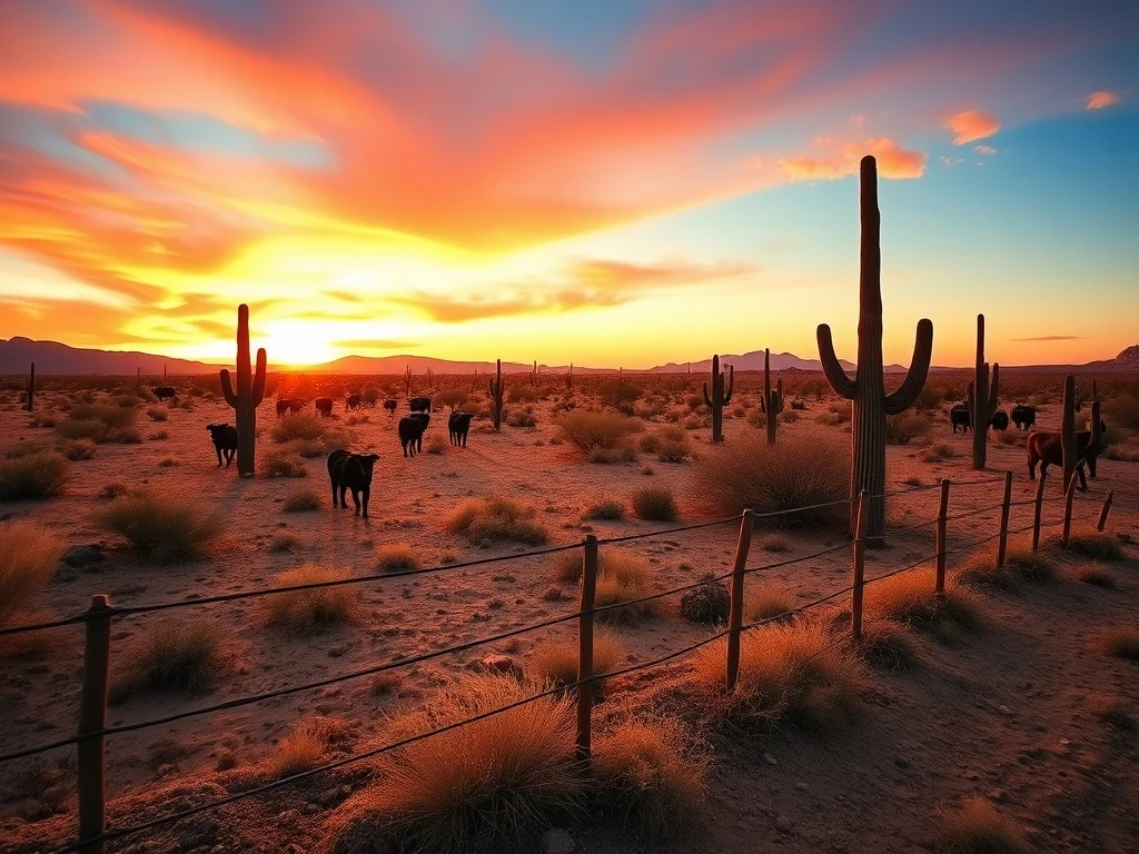 High desert ranch landscape near Wickenburg, Arizona at sunrise with split rail fencing and cattle grazing