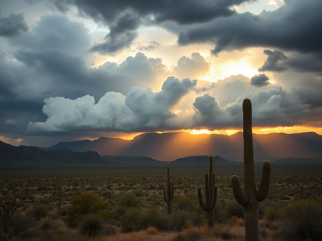 Dramatic monsoon storm clouds building over the Sonoran desert mountains near Wickenburg, Arizona with golden late-afternoon light