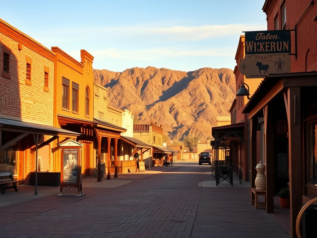 A historic Western-style downtown main street in Wickenburg, Arizona with brick storefronts and covered wooden awnings