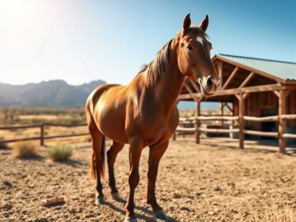 A brown quarter horse standing in a wooden corral on a well-kept horse property in the Arizona high desert near Wickenburg, with a covered barn in the background