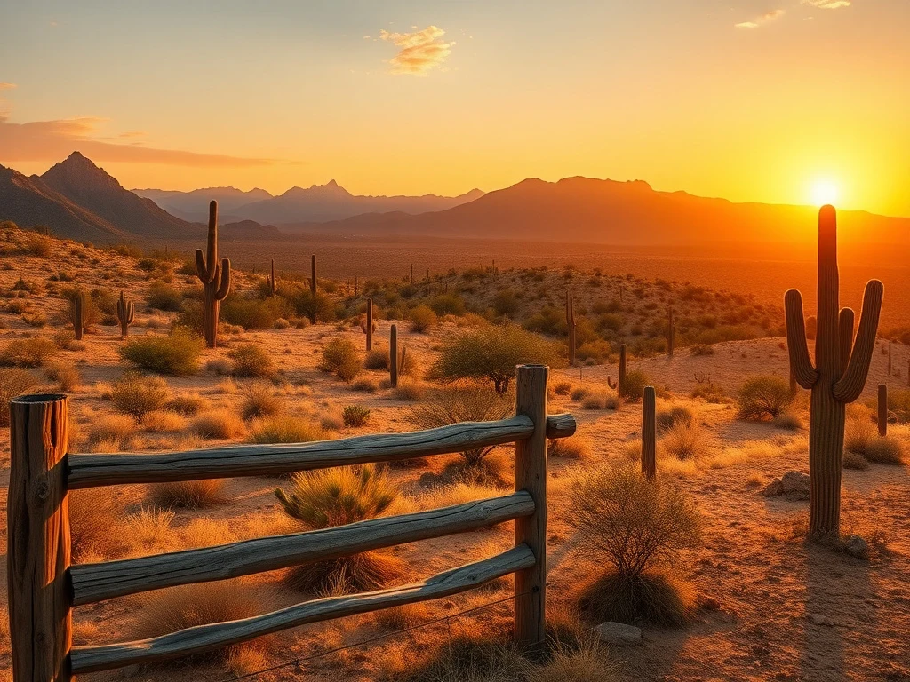 Desert ranch property near Wickenburg, Arizona with a wooden corral fence at golden hour sunset