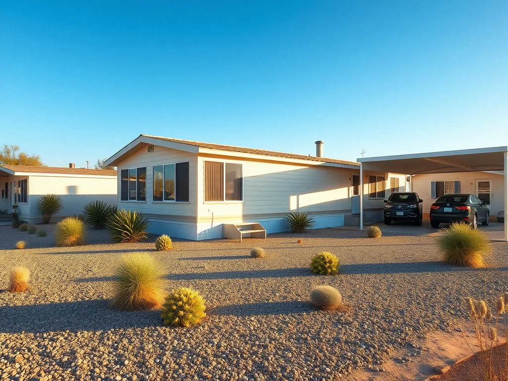 A tidy, well-maintained manufactured home in a desert community near Wickenburg, Arizona with xeriscape landscaping and a covered carport