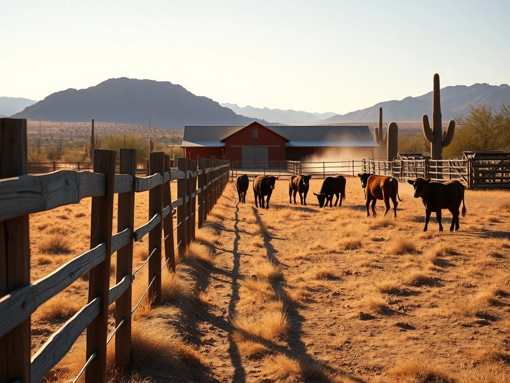 Weathered wood plank corral fencing on a working cattle ranch in the Arizona high desert near Wickenburg, with cattle grazing and saguaro cacti in the distance